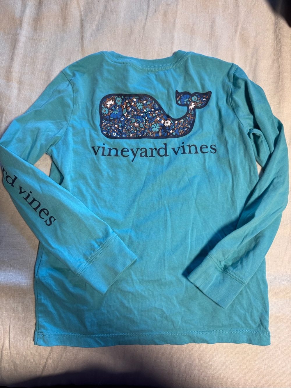 Vineyard Vines Kids Long-Sleeve Whale Tee - Turquoise with Navy Floral Graphic